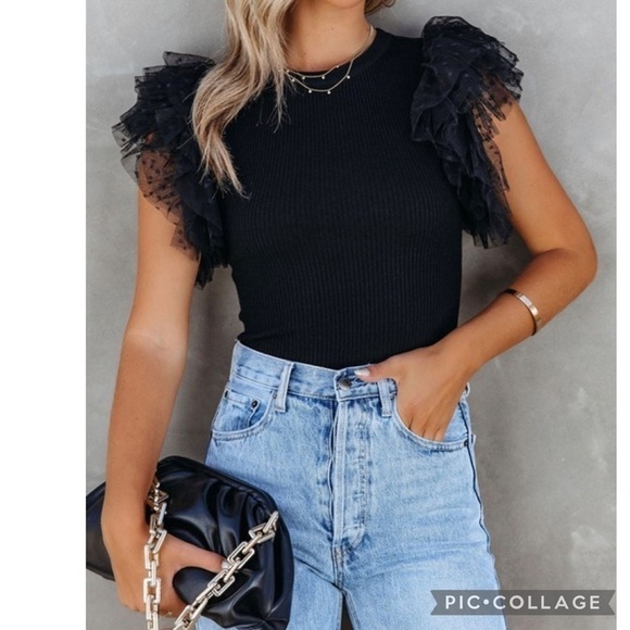 Blu Trends Tops - Black Ribbed T-Shirt w/Layered Organza Sleeves